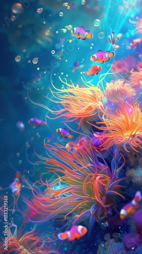 Colorful fish swim in coral