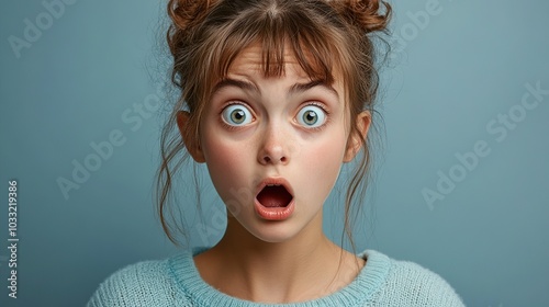 Realistic depiction of a 15-year-old girl appearing shocked, with wide eyes and an open mouth, against a clean, contrasting background. Highlights surprise. High resolution Illustration, in the style photo