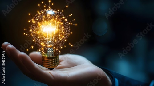 A glowing light bulb with connected lines held in a hand