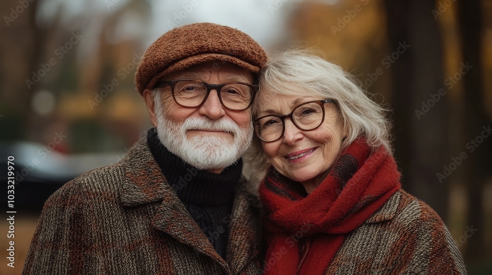 A joyful elderly couple embraces warmly in a park during autumn, surrounded by colorful fall foliage A joyful elderly couple embraces warmly in a park during autumn, surrounded by colorful fall foliage