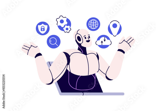 Technology concept, AI services. Digital robot assistant, multi-functional bot providing automated help with information, smart online support. Flat vector illustration isolated on white background