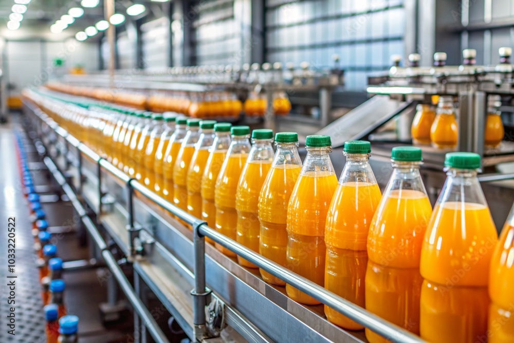 Bottles of orange juice on a conveyor belt Bottles of orange juice on a conveyor belt