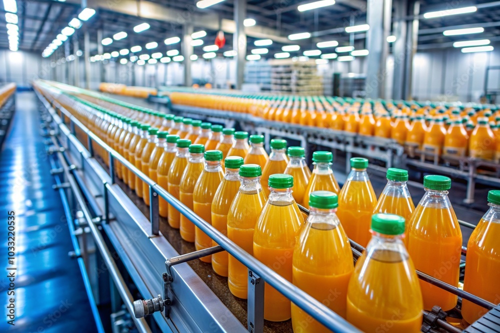 Fototapeta premium Bottles of orange juice on a conveyor belt