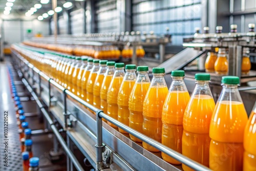 Bottles of orange juice on a conveyor belt