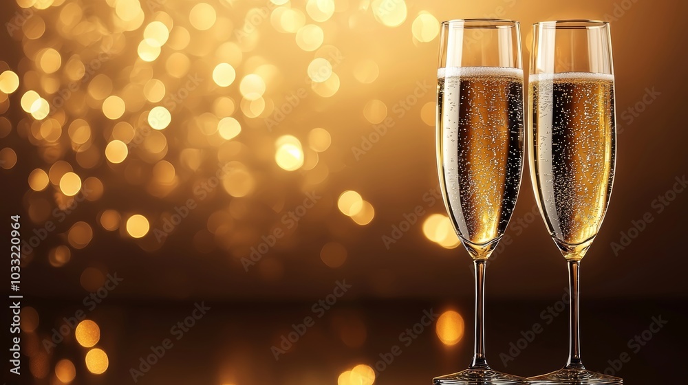 Chic champagne glasses on a polished surface, out-of-focus glowing background in warm gold tones, creating room for text Chic champagne glasses on a polished surface, out-of-focus glowing background in warm gold tones, creating room for text