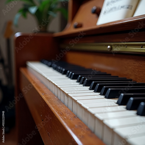 Piano with black and white keys is in a room with a plant photo