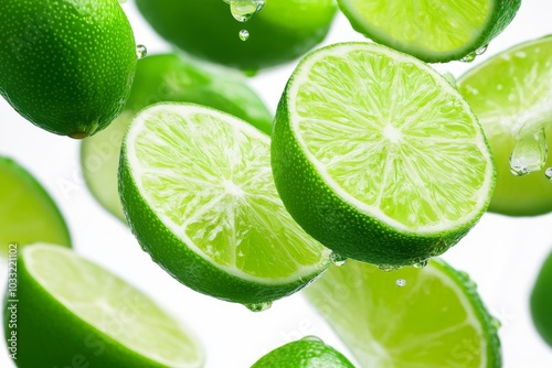 Fresh Green Limes and Their Juicy Slices in Motion, A Refreshing Splash of Citrus Delight. Generative AI