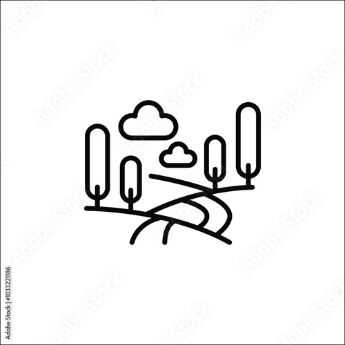 Countryside Landscape icon. Simple icon representing a natural outdoor scene with trees and a path, ideal for social media, app, and web design. Vector illustration