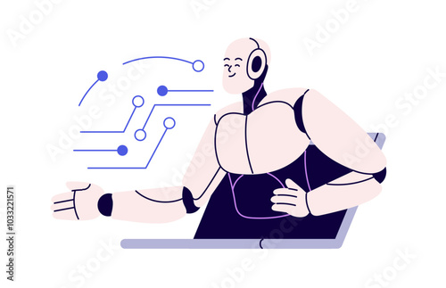 Robot, AI technology concept. Digital assistant, artificial intelligence. Neural network, machine learning for automation, tech innovation. Flat vector illustration isolated on white background