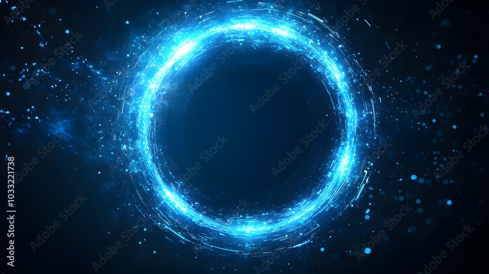 Fototapeta premium Glowing Blue Ring with Scattered Particles on a Dark Background