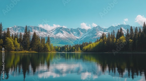 A serene mountain lake reflecting the snow-capped peaks and a blue sky with puffy white clouds.