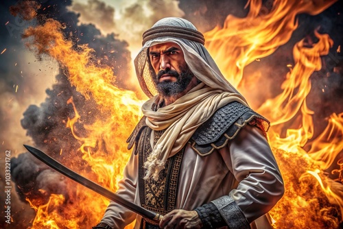 A man in a costume holding a sword is surrounded by fire