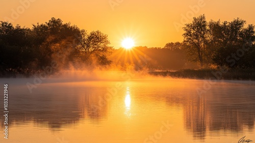 A beautiful sunrise over a calm lake with mist rising from the water. The sun is shining brightly and the sky is a vibrant orange color. photo