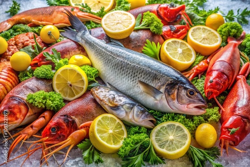 A variety of fish and vegetables are displayed on a table, including a lemon