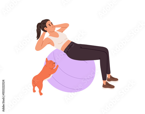 Young woman does ABS with fitness ball. Slim girl with dog does physical exercises with sport equipment. Person training with fitball during workout at home. Flat isolated vector illustration on white
