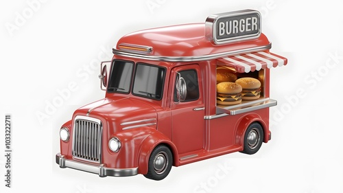 A vibrant red burger truck model featuring a striped canopy and display of burgers, perfect for food-themed decor.