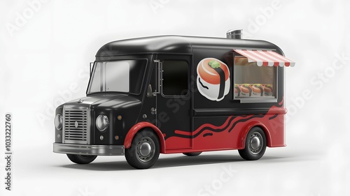 A black and red food truck featuring sushi graphics, symbolizing mobile dining and culinary innovation.
