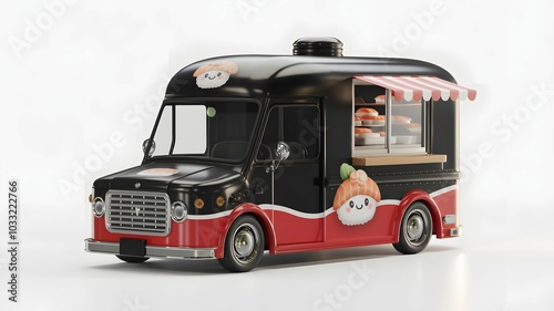 A colorful food truck featuring a cartoonish design with a sushi theme, showcasing a vibrant and playful approach to mobile dining.