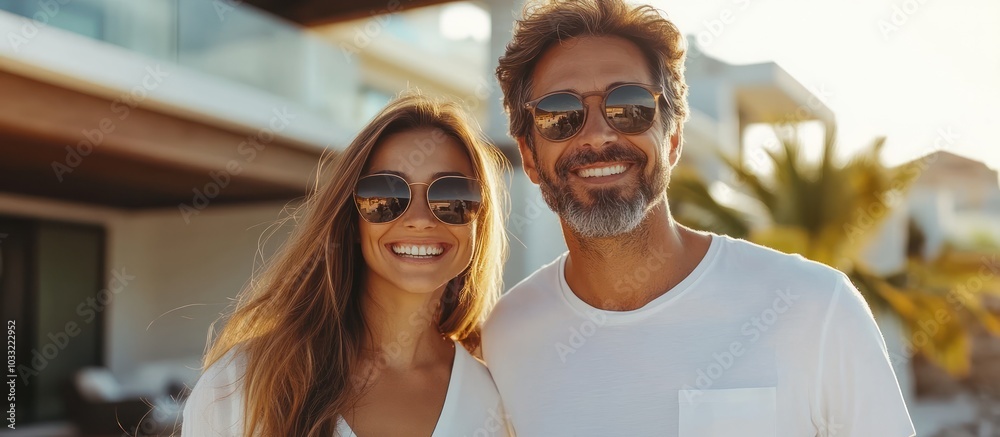 Fototapeta premium Happy couple wearing sunglasses standing in front of a modern home.