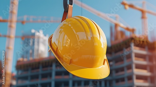 Bright Yellow Hard Hat Hanging on Hook at Construction Site with Cranes in Background