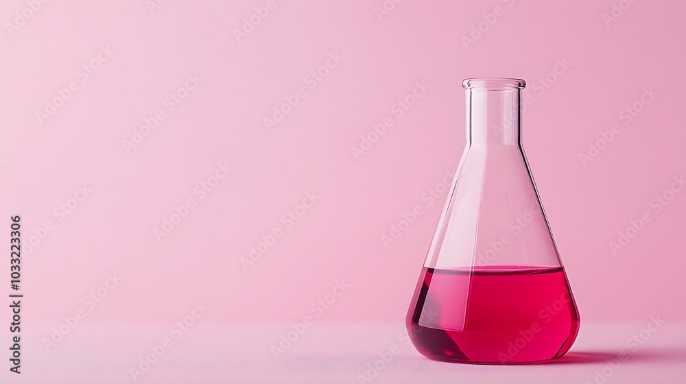 A Single Erlenmeyer Flask Filled with Pink Liquid Against a Pink Background