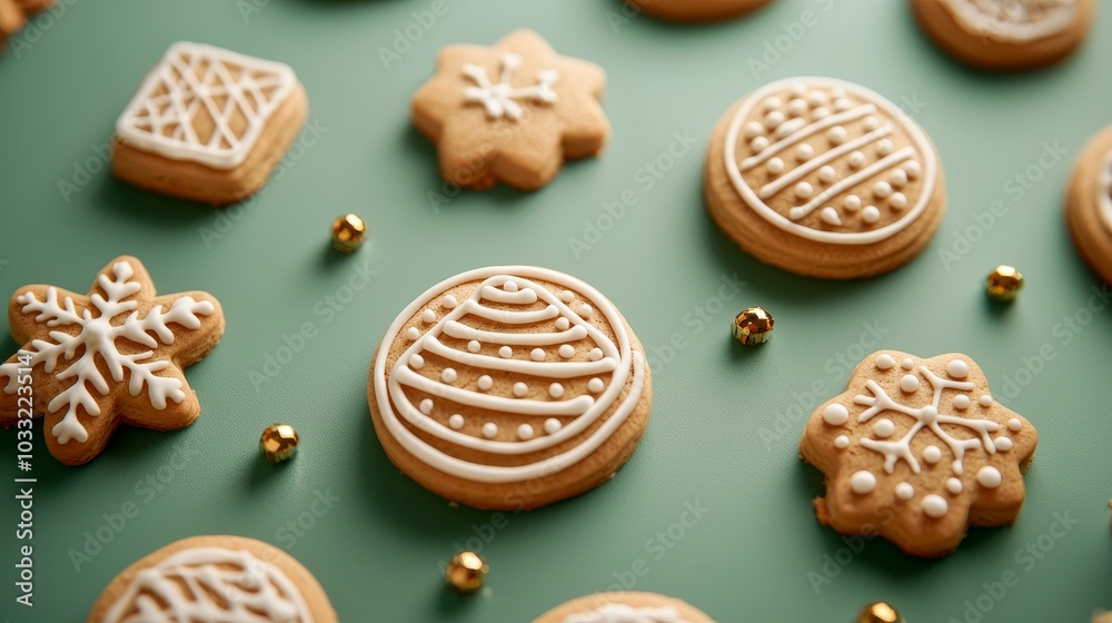 Close-up of intricately decorated Christmas cookies in holiday shapes, set against a green surface, festive and inviting, perfect for holiday greetings text Close-up of intricately decorated Christmas cookies in holiday shapes, set against a green surface, festive and inviting, perfect for holiday greetings text