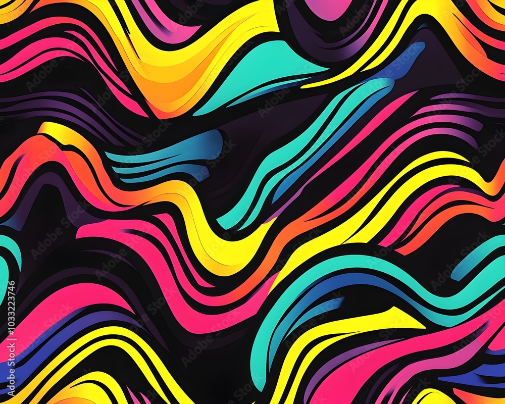 Funky groovy pattern with layered wavy lines, popping neon colors, and retro-inspired distortion, creating a vibrant and dynamic backdrop Funky groovy pattern with layered wavy lines, popping neon colors, and retro-inspired distortion, creating a vibrant and dynamic backdrop