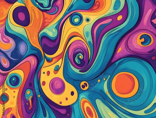 Funky, swirling design with groovy colors and soft, flowing shapes, blending seamlessly to create a classic psychedelic 60s visual 