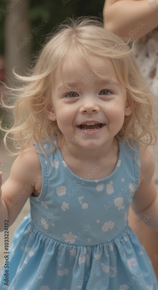 zoe - Joyful Young Girl in Blue Cloud-Print Dress Laughing Outdoors, Embodying Childhood Happiness and Summer Fun zoe - Joyful Young Girl in Blue Cloud-Print Dress Laughing Outdoors, Embodying Childhood Happiness and Summer Fun