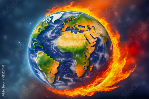 Illustration of planet earth is burning on the abstract background. photo