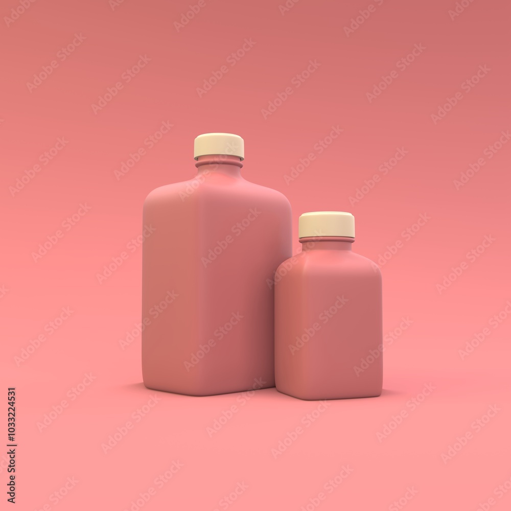 Medicine plastic bottles on a the red background. Medicine package design. 3d illustration. Medicine plastic bottles on a the red background. Medicine package design. 3d illustration.