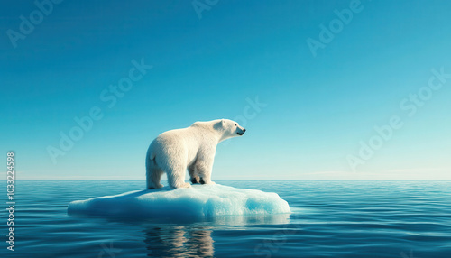 A polar bear stranded on a small melting ice floe in a vast ocean, symbolizing the effects of global warming Isolated scene with a blue sky and horizon