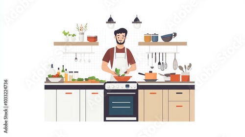 Man Cooking a Healthy Salad in a Modern Kitchen