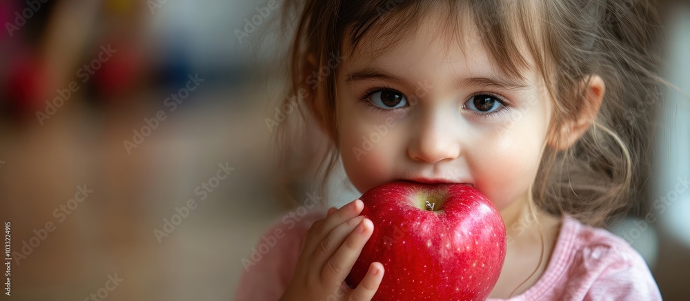 Little girl with brown hair and big brown eyes taking a bite of a red apple. Little girl with brown hair and big brown eyes taking a bite of a red apple.