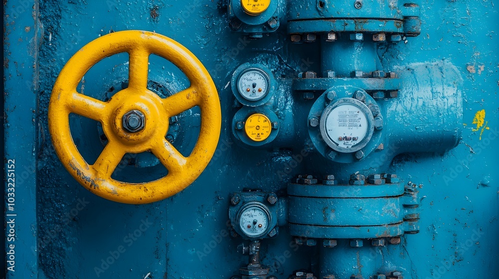 Fototapeta premium Closeup of an intricate layout of industrial valves and pipes crisscrossing in a complex system of metal tubing equipment and engineering infrastructure