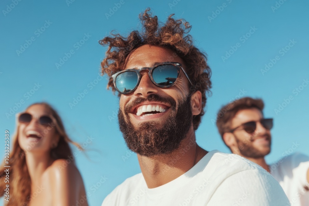 Handsome bearded man smiling outdoors with friends