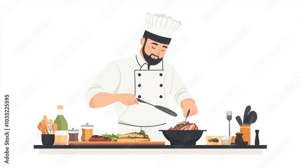 Professional Chef Cooking Delicious Meal in a Restaurant Kitchen Professional Chef Cooking Delicious Meal in a Restaurant Kitchen
