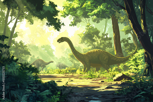 Prehistoric dinosaurs roaming forest with wildlife in background adventure travel in ancient times