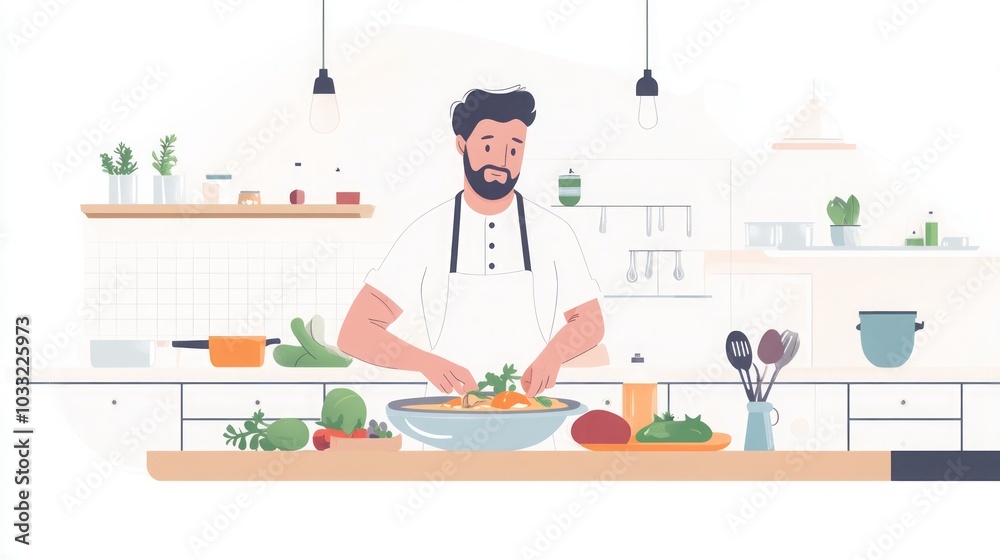 Fototapeta premium Man Cooking Delicious Meal in Kitchen - Fresh Ingredients and Culinary Art