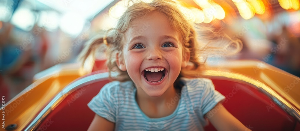 A young girl with blonde hair is laughing with joy on a carnival ride. She is wearing a blue and white striped shirt. The background is blurred with bright lights. A young girl with blonde hair is laughing with joy on a carnival ride. She is wearing a blue and white striped shirt. The background is blurred with bright lights.