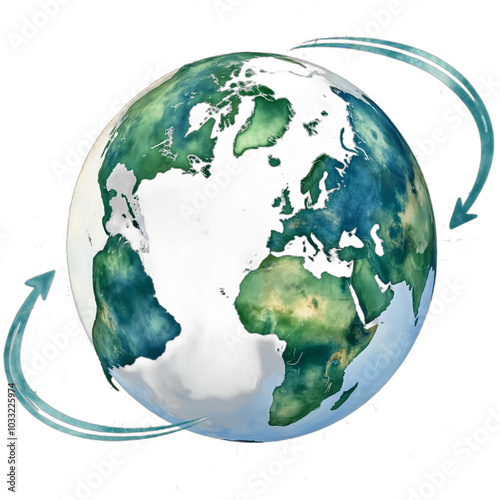 Green and blue rotating earth with arrows representing global movement on transparent background..