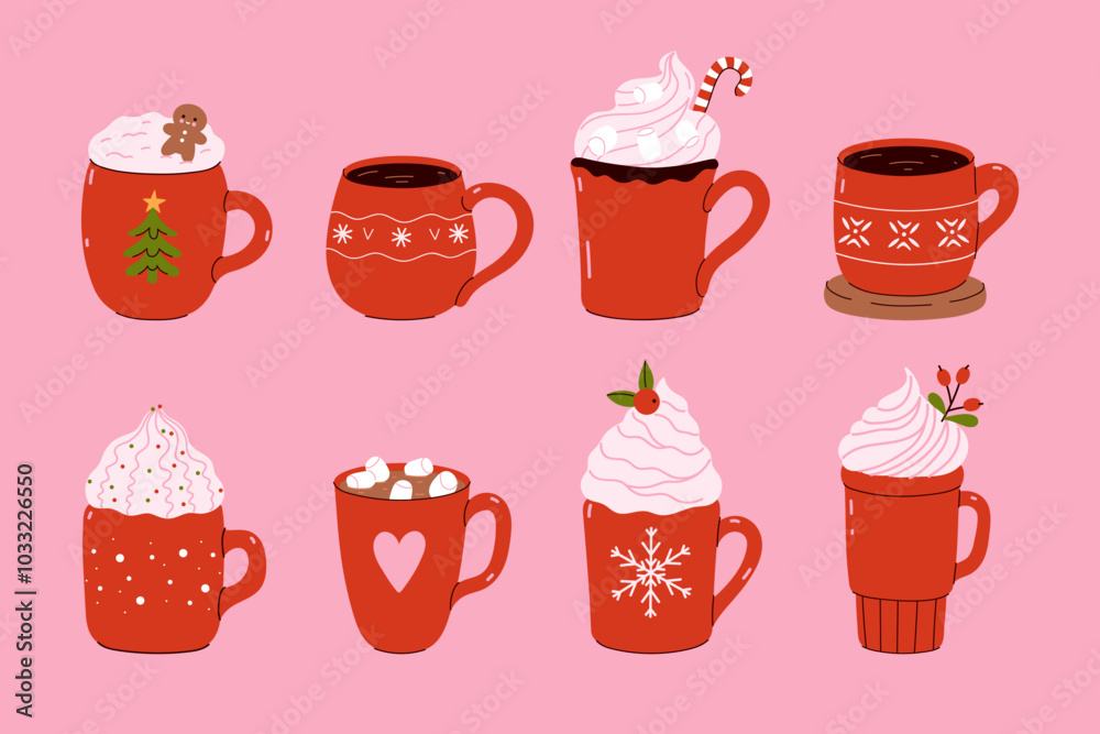 Set of winter drinks in red mugs. Vector graphics.