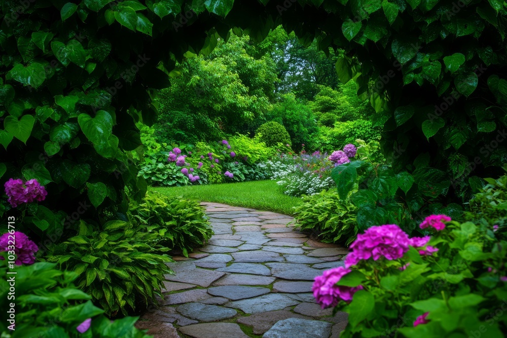 Enchanting Garden Pathway, Lush Greenery and Colorful Blooms. Generative AI Enchanting Garden Pathway, Lush Greenery and Colorful Blooms. Generative AI