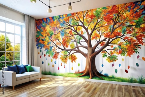 Colorful tree with leaves on hanging branches illustration background 3d abstraction wallpaper for interior mural wall art decor Floral tree with multicolor leaves
