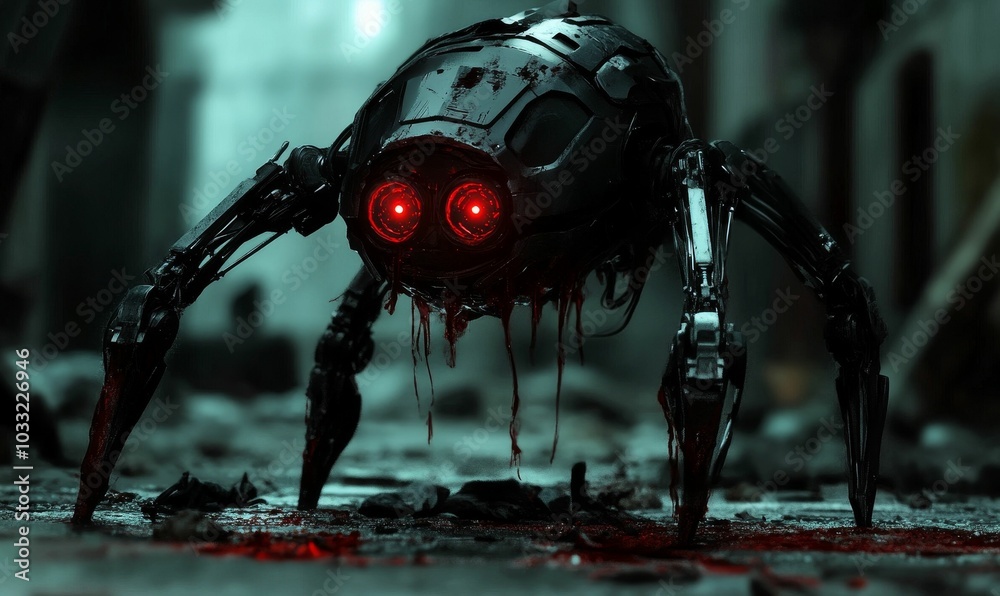 Fototapeta premium Bloody, mechanical spider with red eyes.