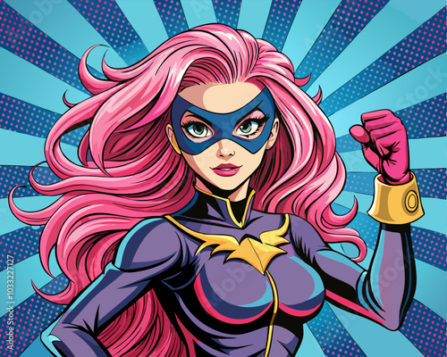 Pop art comic book style super heroine with long pink hair and a mask over his eyes punching with female superhero costume.