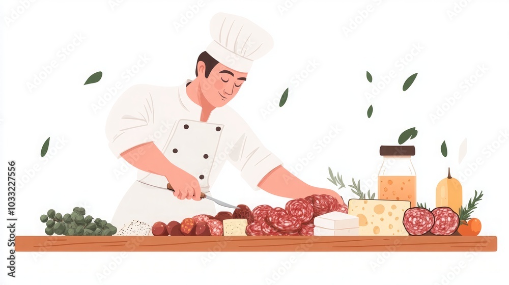 Chef Preparing Delicious Salami and Cheese Platter Chef Preparing Delicious Salami and Cheese Platter