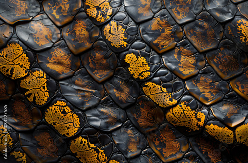 flat lay of a dark brown and yellow snake skin pattern with a metallic sheen on a background. The pattern is in the style of a snake skin.
