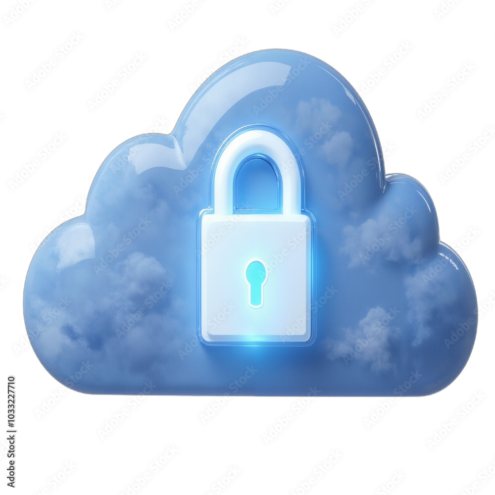 Blue cloud with padlock symbol representing cloud security on transparent background Blue cloud with padlock symbol representing cloud security on transparent background