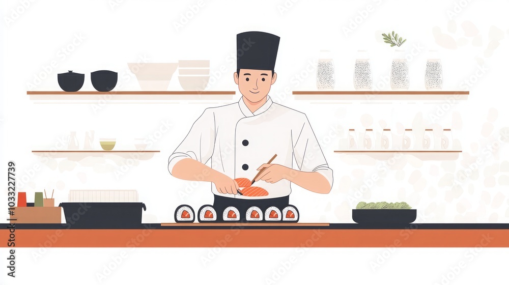 Sushi Chef Preparing Delicious Salmon Rolls in a Restaurant Kitchen Sushi Chef Preparing Delicious Salmon Rolls in a Restaurant Kitchen
